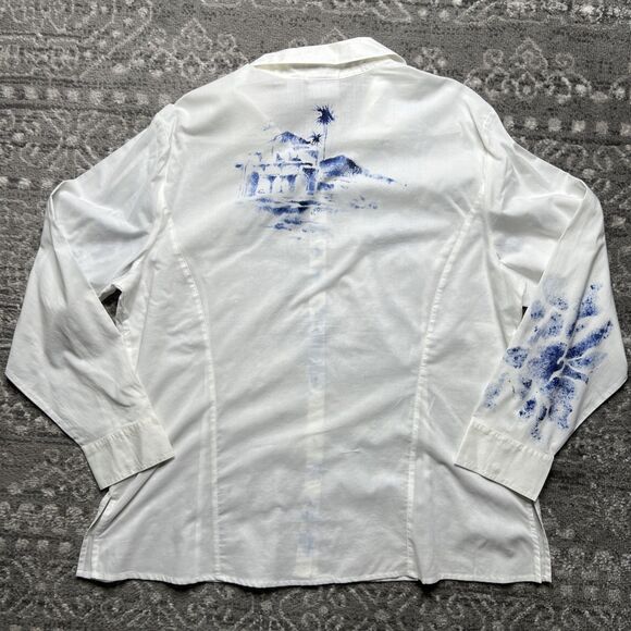 Chico's Button Up Shirt Blue White Floral Beach Hawaiian Blouse Top 3 XL/16 NWOT - Picture 7 of 8